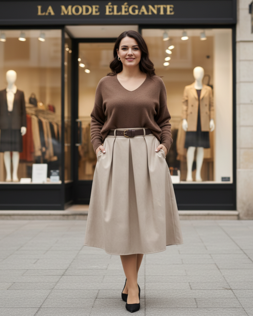 Jupe midi effet cuir femme coupe évasée taille élastique chic moderne confortable | Élégance Suave – LyaMode