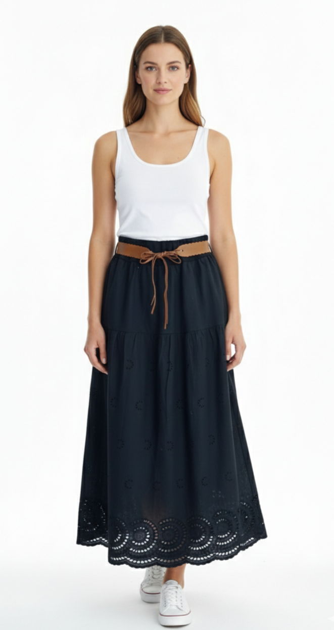 Jupe Longue Bohème Fluide Taille Élastique Broderie Bas Confort Été Femme – Brise Bohème | LyaMode