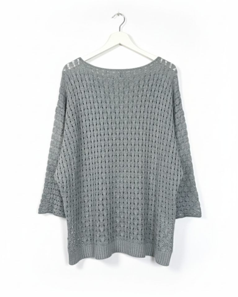 Pull maille ajourée femme col V manches 3/4 léger doux touches dorées coupe fluide chic | Golden Breeze – LyaMode