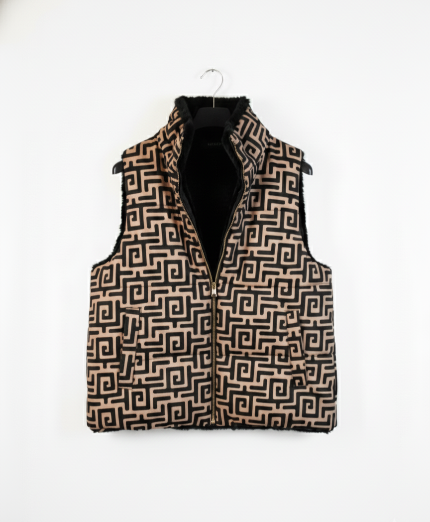 Doudoune sans manches réversible femme GraphiFur – gilet matelassé imprimé géométrique & fausse fourrure ultra douce coupe confortable taille unique | LyaMode