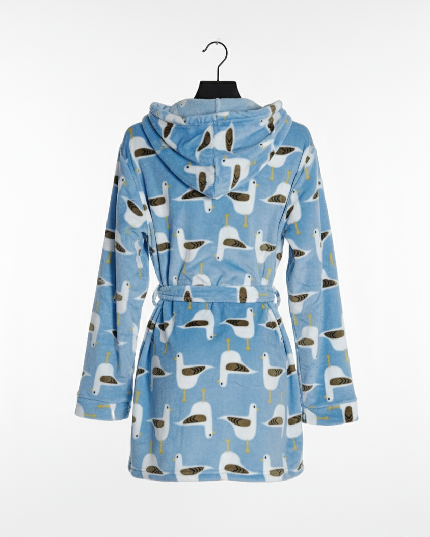 Peignoir Femme Pilou Pilou à Capuche – Robe de Chambre Douce et Chaude Motif Mouettes Cocoon | LyaMode
