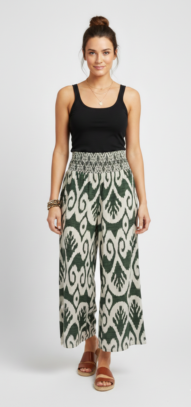 Pantalon Femme Fluide Imprimé Taille Smockée Viscose Coupe Large Bali Flow LyaMode