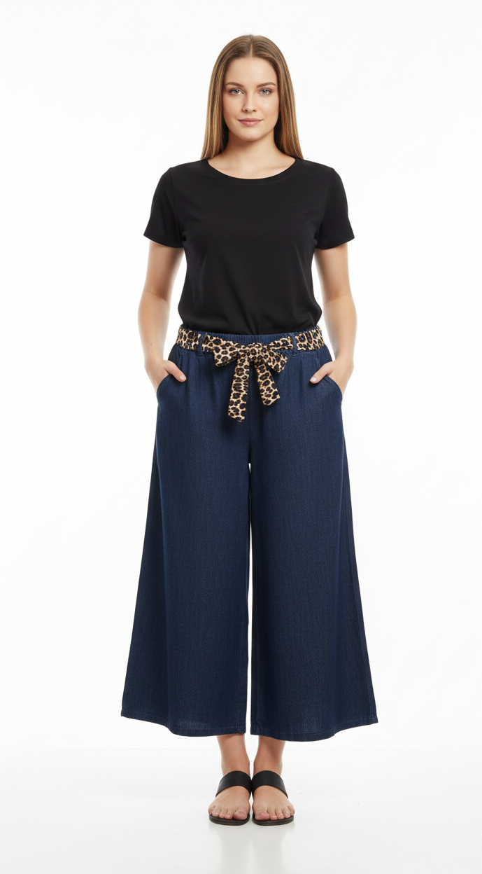 Pantalon Femme Denim Fluide Taille Élastique Ceinture Léopard Amovible Coton Fauve Denim LyaMode