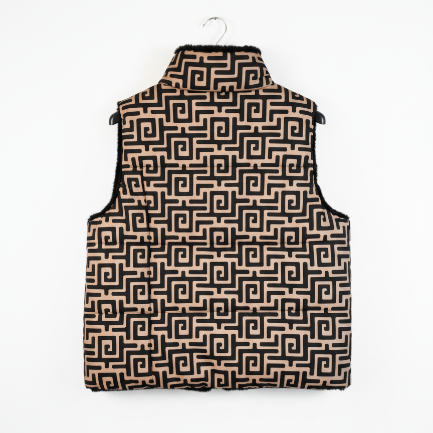Doudoune sans manches réversible femme GraphiFur – gilet matelassé imprimé géométrique & fausse fourrure ultra douce coupe confortable taille unique | LyaMode