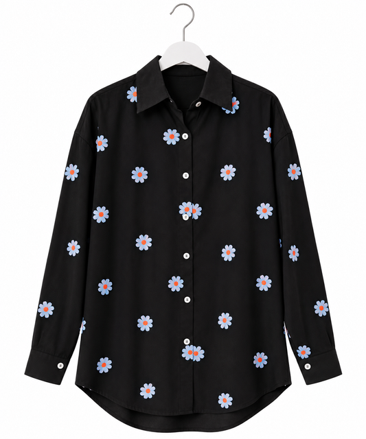 Chemise Marguerite noire à fleurs brodées | LyaMode