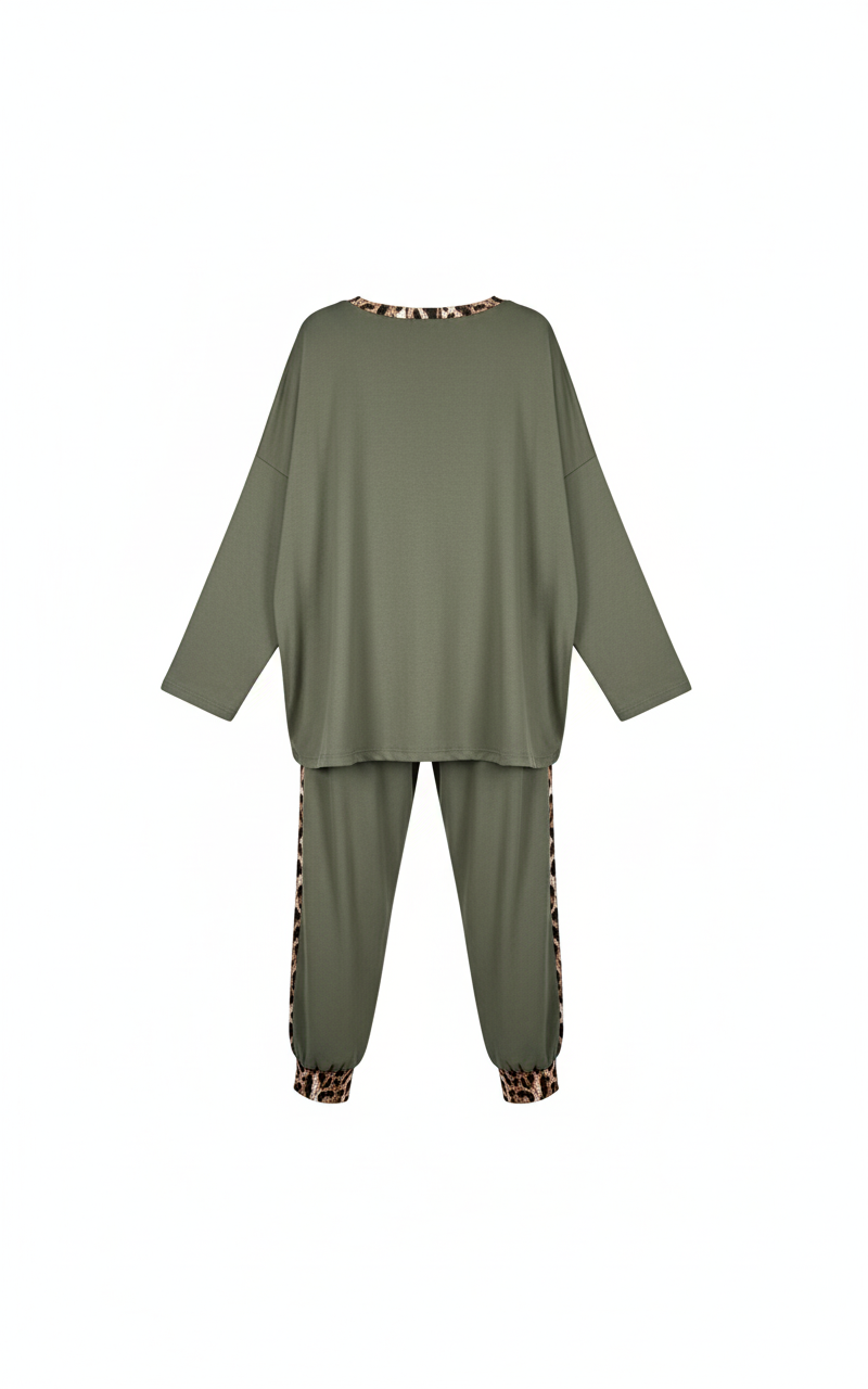 Ensemble femme casual chic coton stretch 2 pièces haut ample col V + pantalon léopard taille élastique confortable taille unique 44/46 | L’Attitude Féline – LyaMode