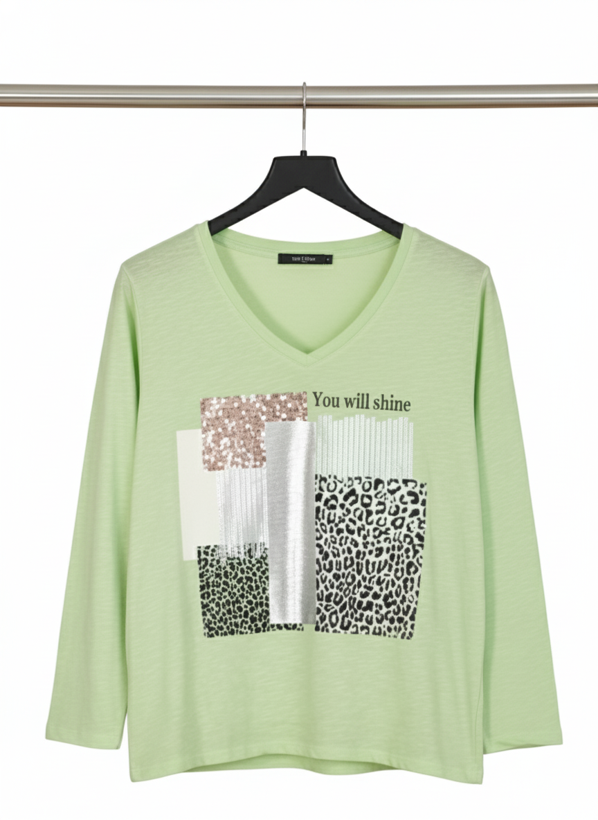 T-shirt femme manches longues coton col V imprimé léopard brillant coupe fluide confortable | Shiny Wild – LyaMode