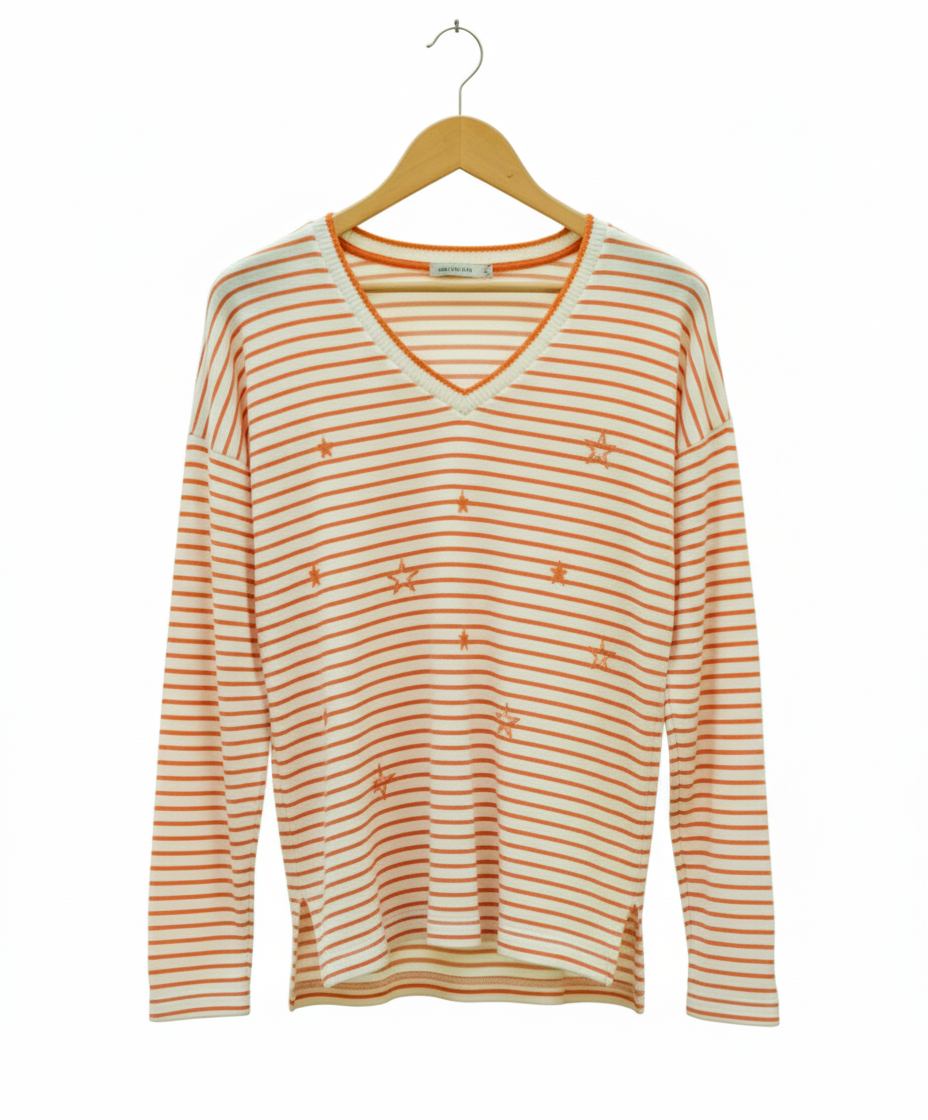 Pull marinière femme rayé coton col V manches longues étoiles brodées | Marinière Étoilé – LyaMode