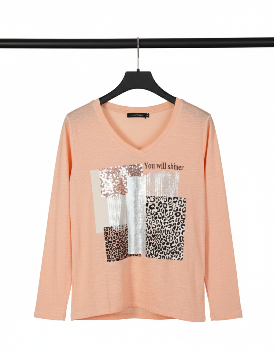 T-shirt femme manches longues coton col V imprimé léopard brillant coupe fluide confortable | Shiny Wild – LyaMode