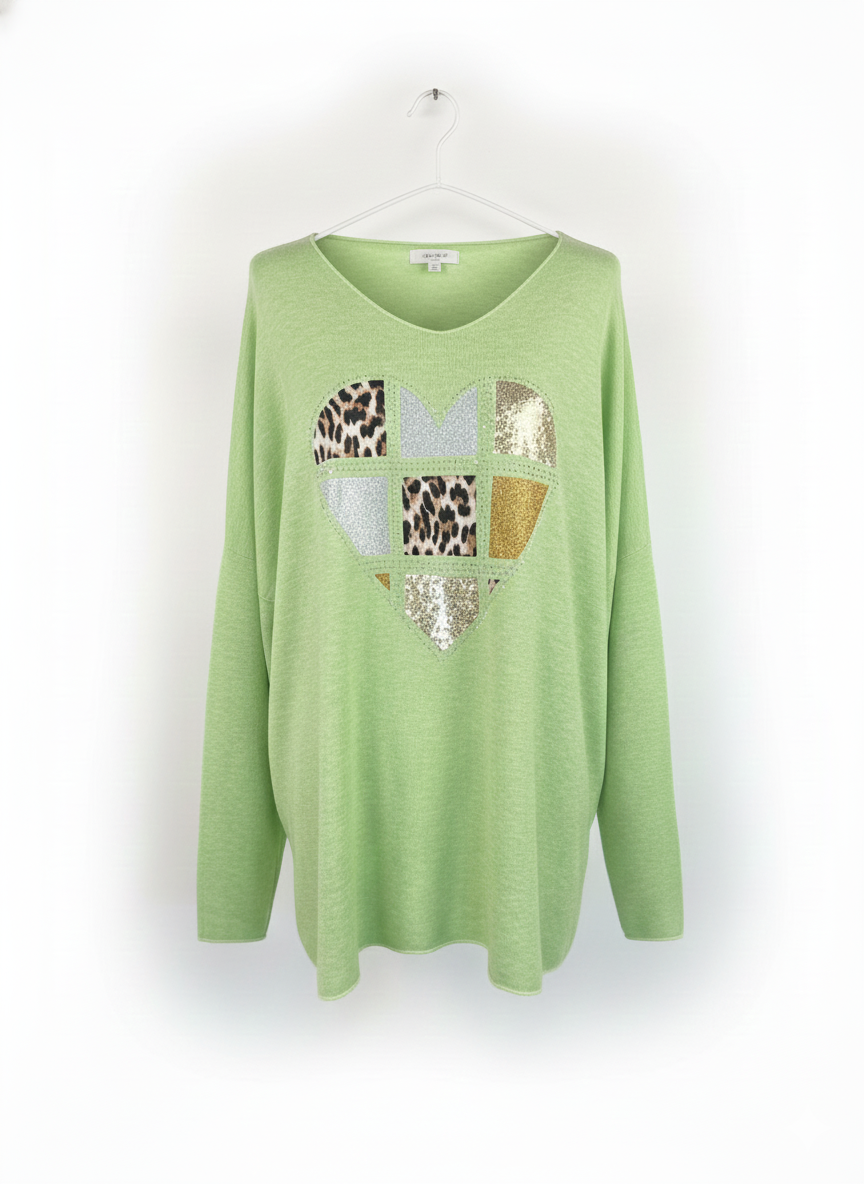 Pull femme maille douce chaude motif cœur léopard paillettes coupe ample cocoon chic | Cœur Douillet – LyaMode