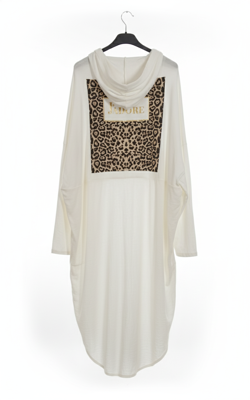 Gilet long femme oversize fluide coton élasthanne capuche léopard dos inscription J’Adore confortable chic taille unique | LyaMode