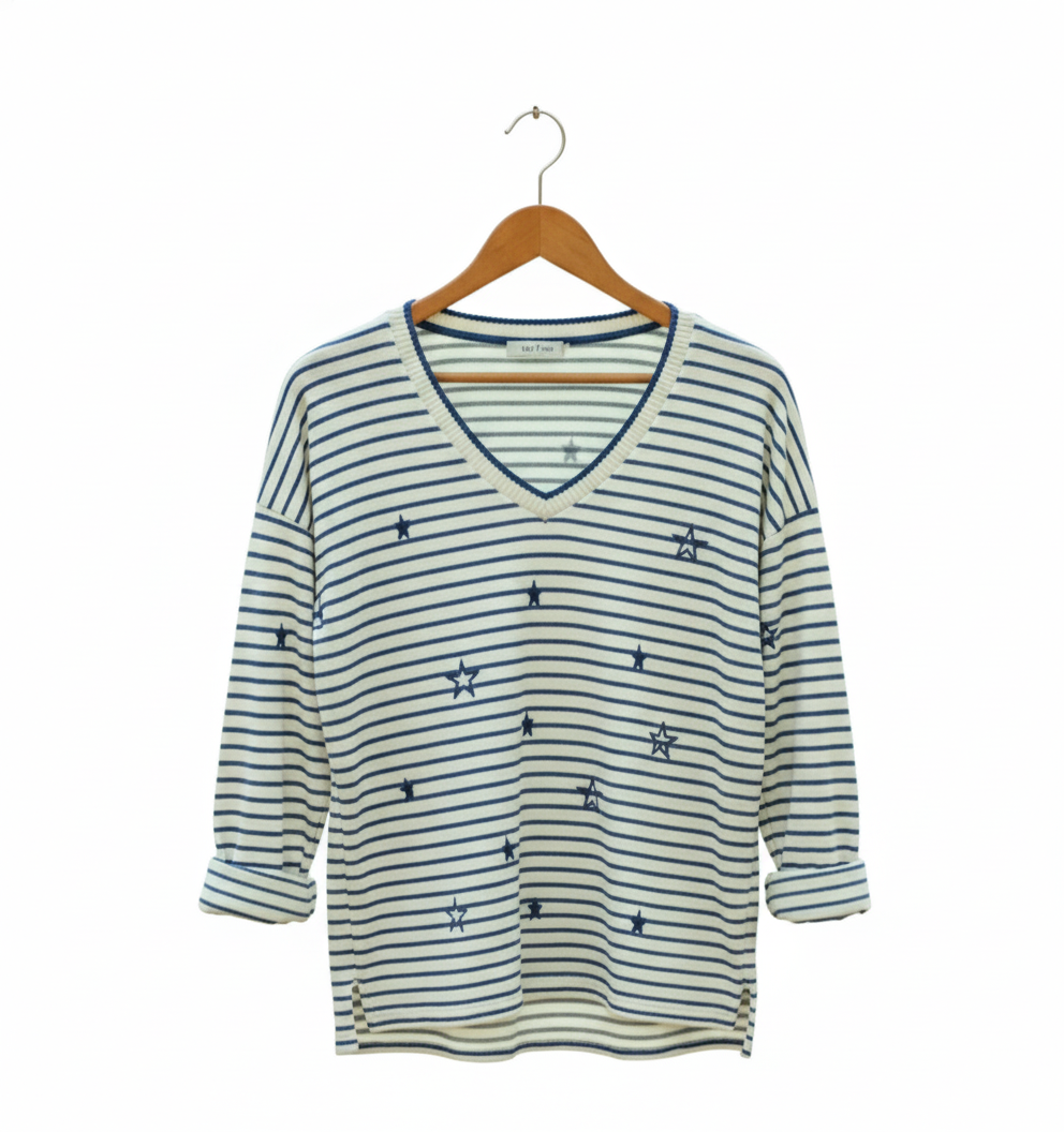 Pull marinière femme rayé coton col V manches longues étoiles brodées | Marinière Étoilé – LyaMode