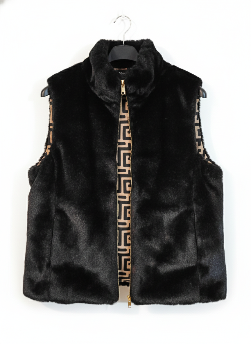 Doudoune sans manches réversible femme GraphiFur – gilet matelassé imprimé géométrique & fausse fourrure ultra douce coupe confortable taille unique | LyaMode