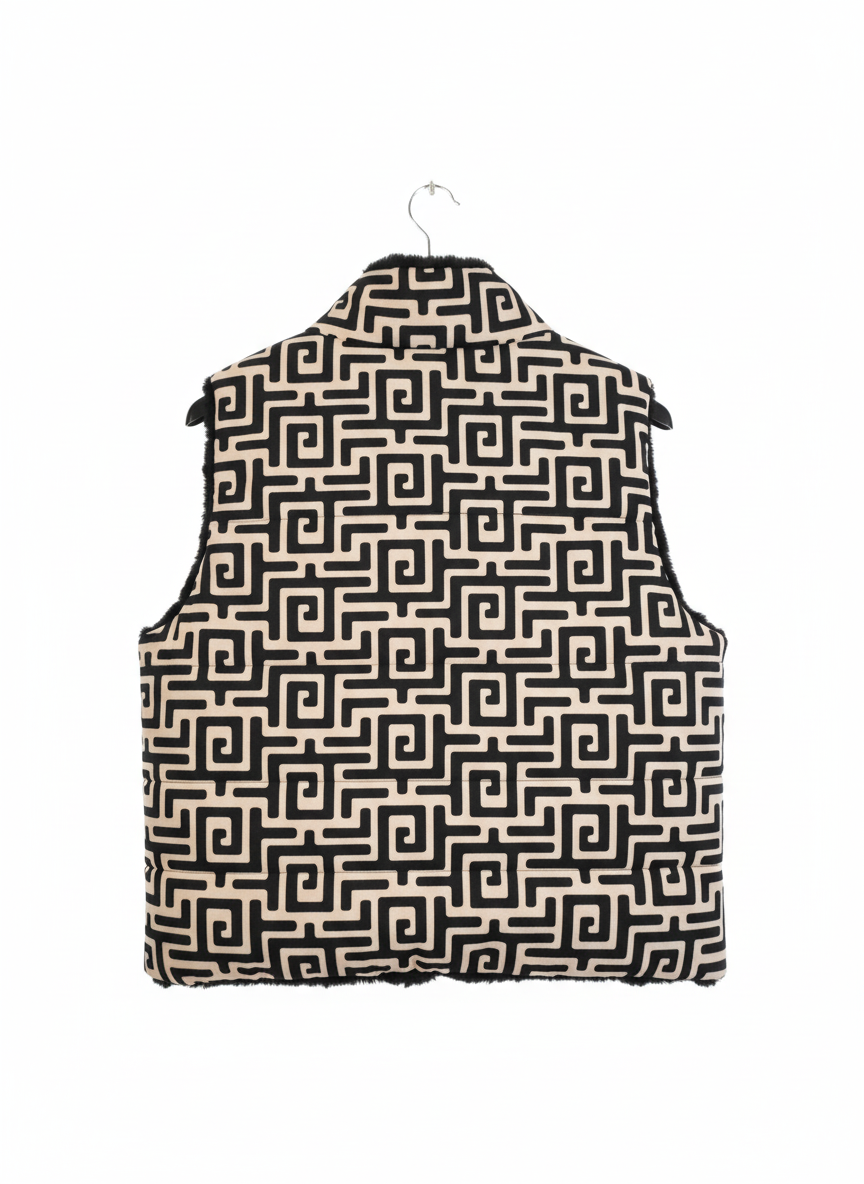 Doudoune sans manches réversible femme GraphiFur – gilet matelassé imprimé géométrique & fausse fourrure ultra douce coupe confortable taille unique | LyaMode