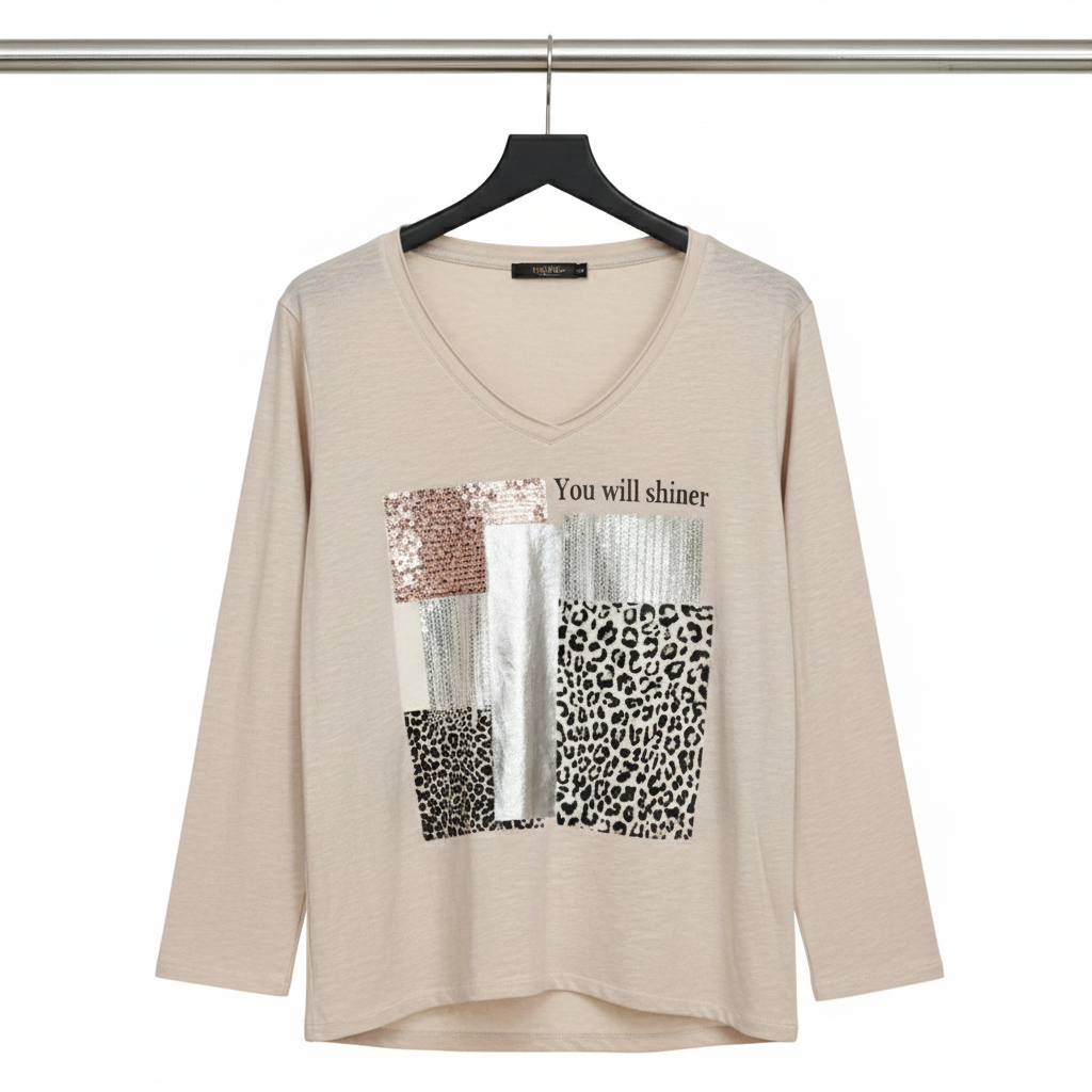 T-shirt femme manches longues coton col V imprimé léopard brillant coupe fluide confortable | Shiny Wild – LyaMode