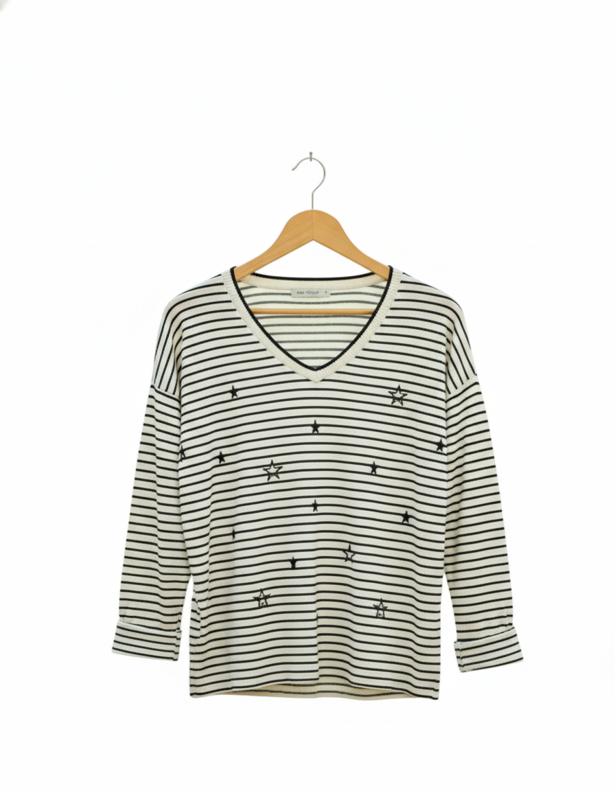 Pull marinière femme rayé coton col V manches longues étoiles brodées | Marinière Étoilé – LyaMode