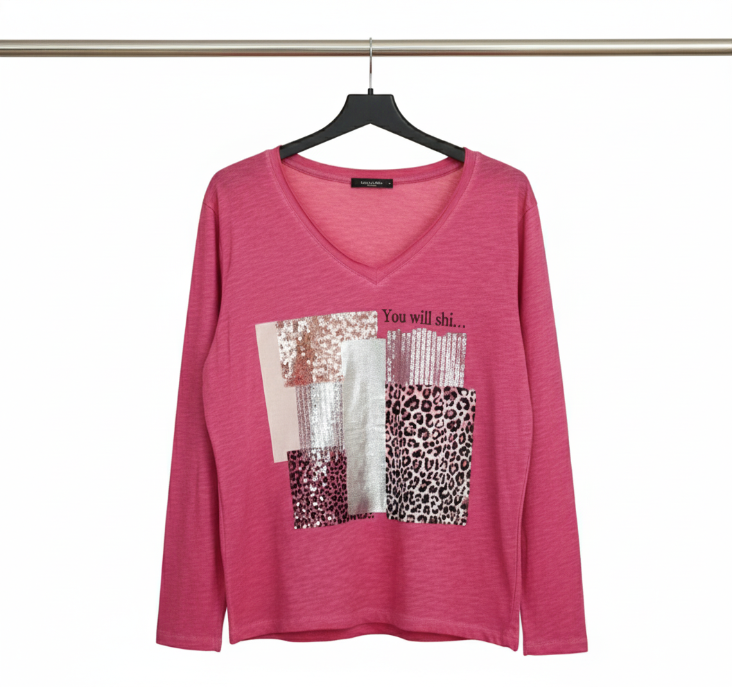 T-shirt femme manches longues coton col V imprimé léopard brillant coupe fluide confortable | Shiny Wild – LyaMode
