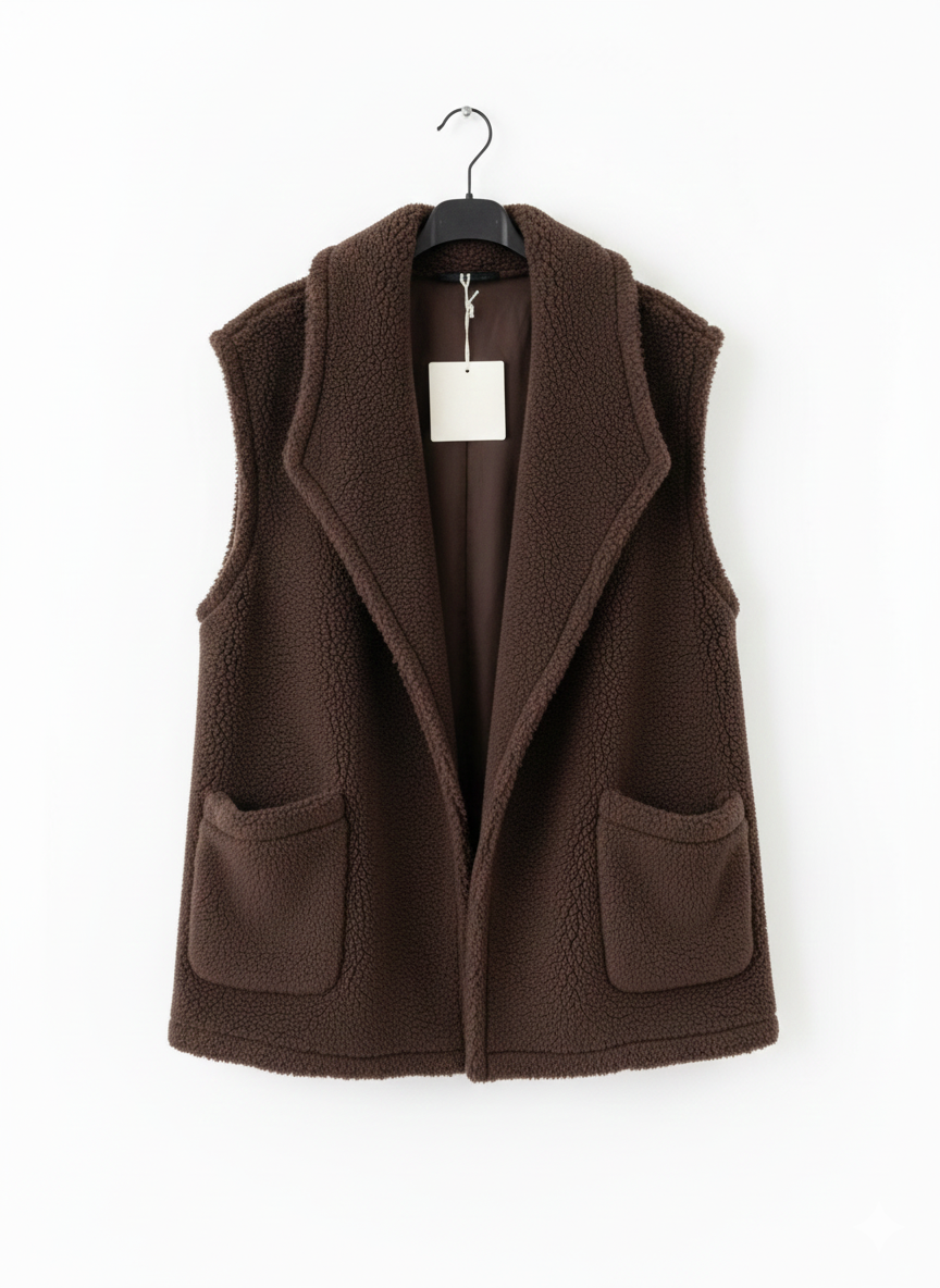 Gilet sans manches femme long effet laine doux coupe droite poches chic confortable taille unique oversize superposition automne hiver | Nuage Doux – LyaMode