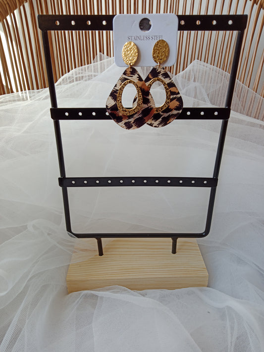 Boucles d’Oreilles Pendantes Acier Inoxydable Doré – Motif Léopard Résine & Effet Martelé Chic Bohème | LyaMode