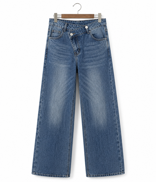 Jean femme wide leg à ceinture asymétrique denim | LyaMode