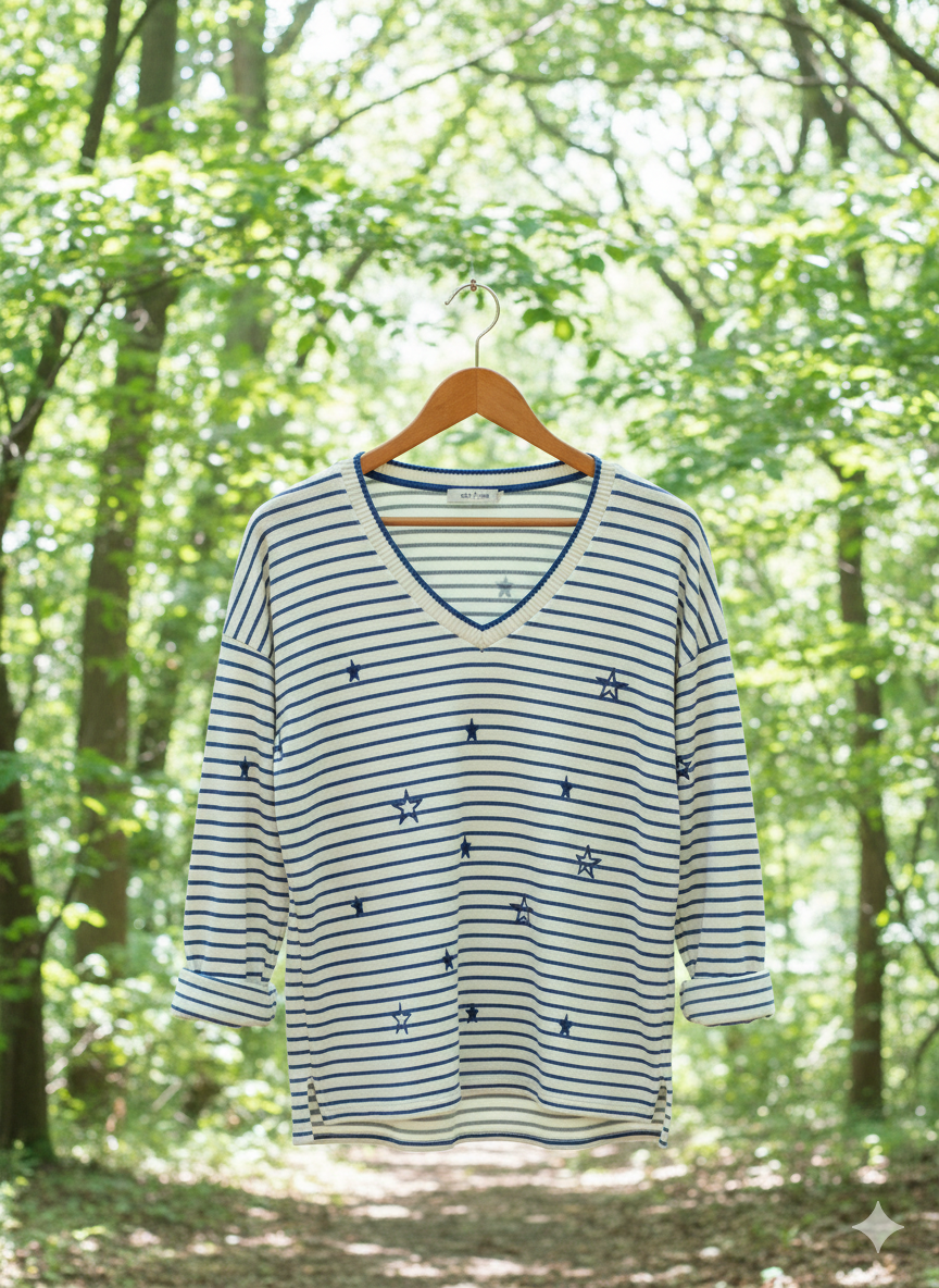 Pull marinière femme rayé coton col V manches longues étoiles brodées | Marinière Étoilé – LyaMode