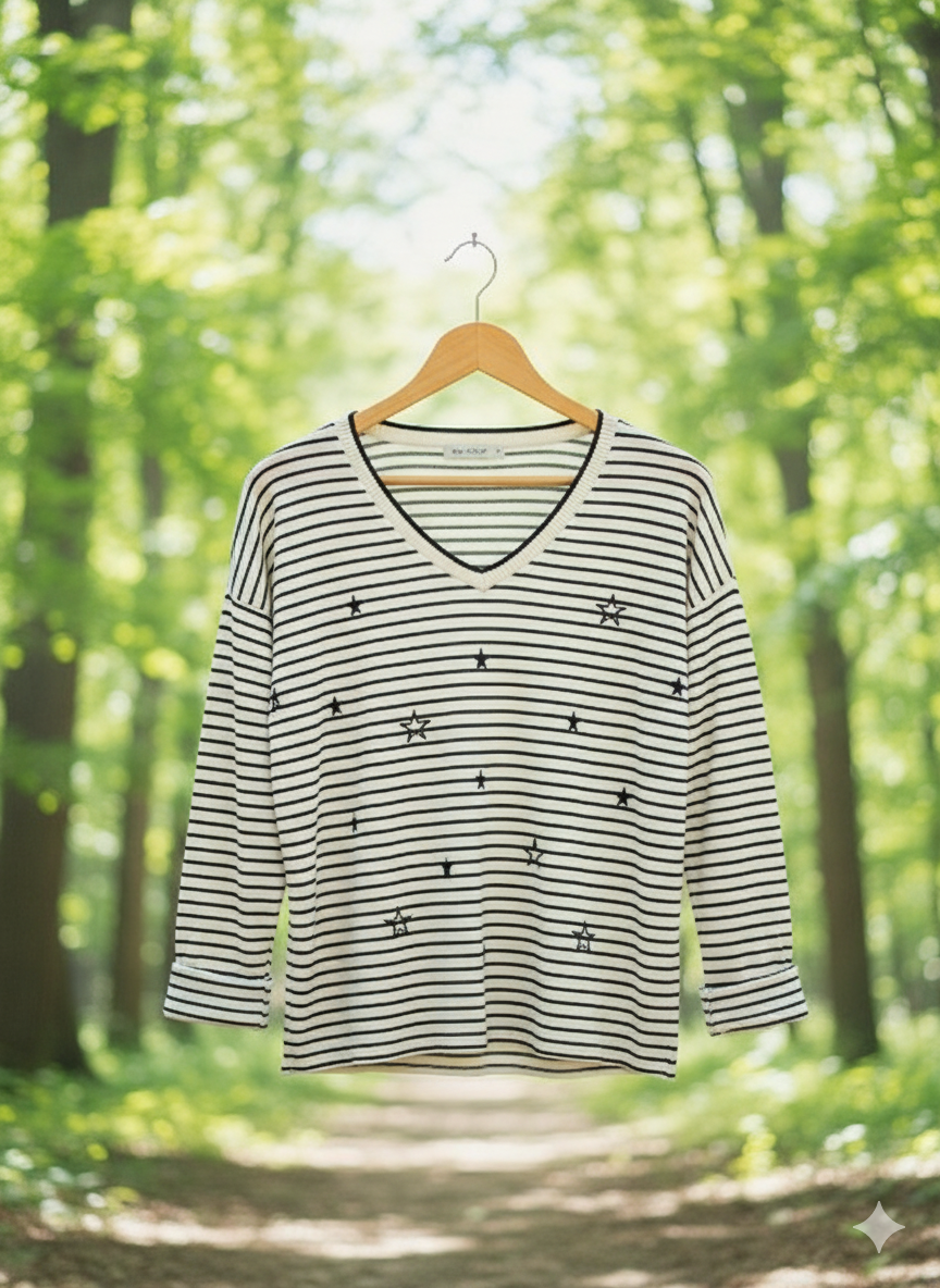 Pull marinière femme rayé coton col V manches longues étoiles brodées | Marinière Étoilé – LyaMode