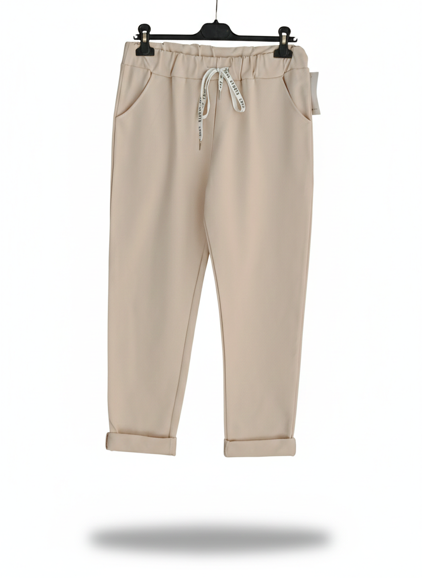 Pantalon Femme Taille Élastique Coton Stretch Coupe Confort Revers Bas Esprit Souple LyaMode