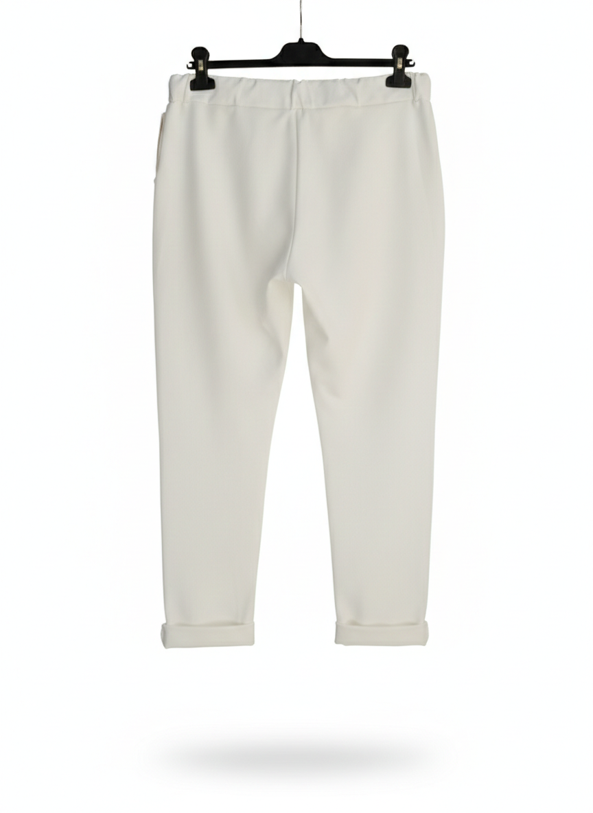 Pantalon Femme Taille Élastique Coton Stretch Coupe Confort Revers Bas Esprit Souple LyaMode