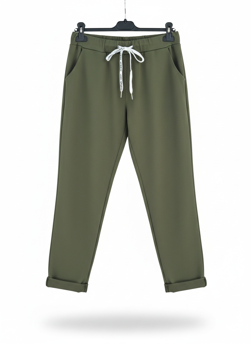 Pantalon Femme Taille Élastique Coton Stretch Coupe Confort Revers Bas Esprit Souple LyaMode