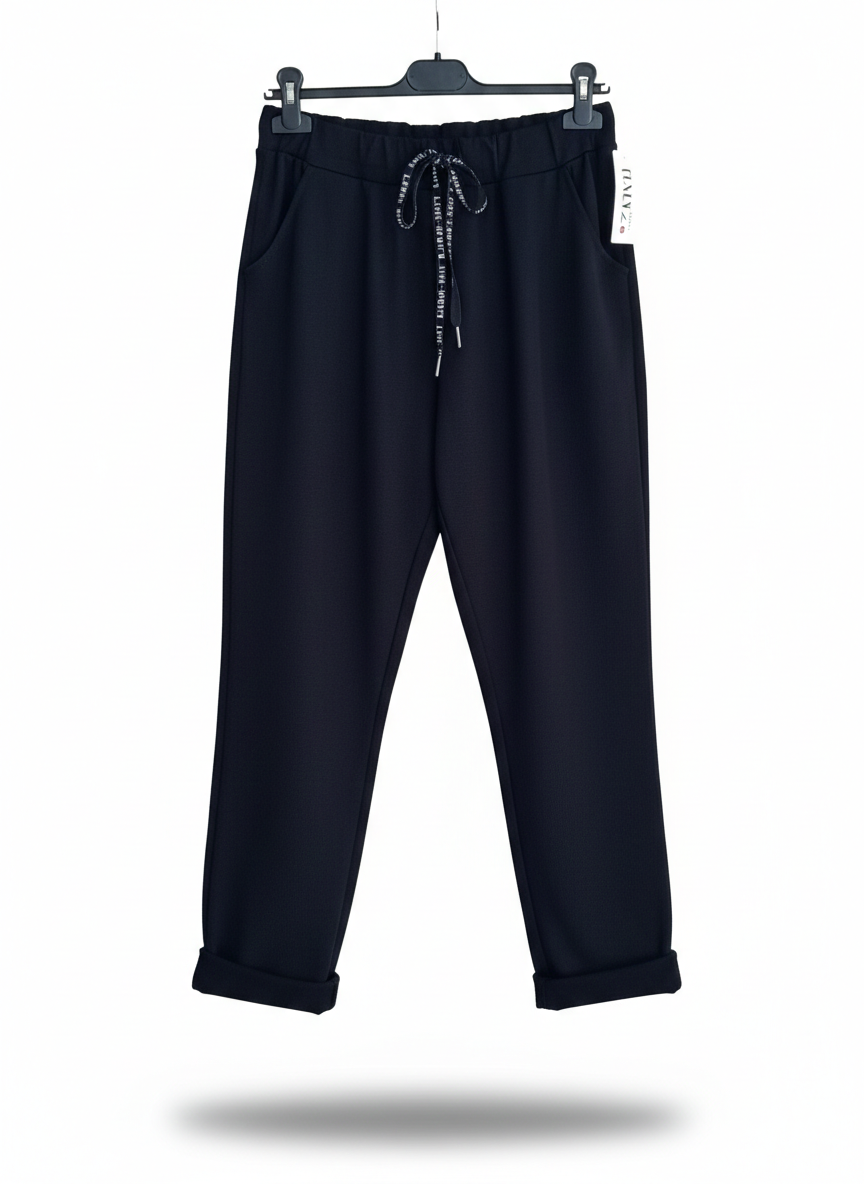 Pantalon Femme Taille Élastique Coton Stretch Coupe Confort Revers Bas Esprit Souple LyaMode