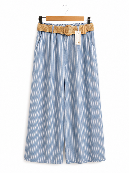 Pantalon Rayure Nature – Pantalon large rayé avec ceinture – Taille unique – LyaMode