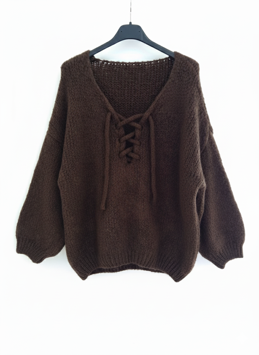 Pull femme maille douce chaude col V laçage coupe ample confort cocooning | L’Essentiel Cocoon – LyaMode