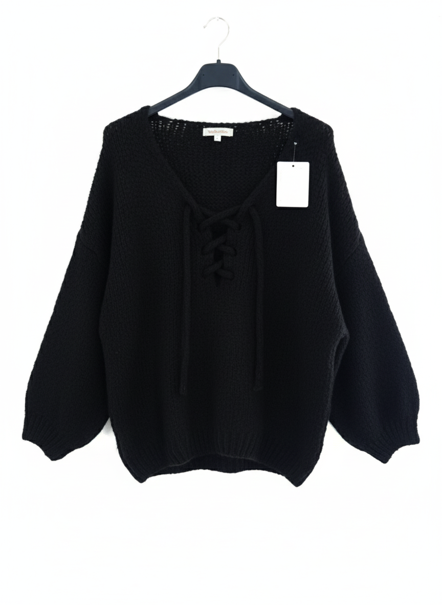 Pull femme maille douce chaude col V laçage coupe ample confort cocooning | L’Essentiel Cocoon – LyaMode