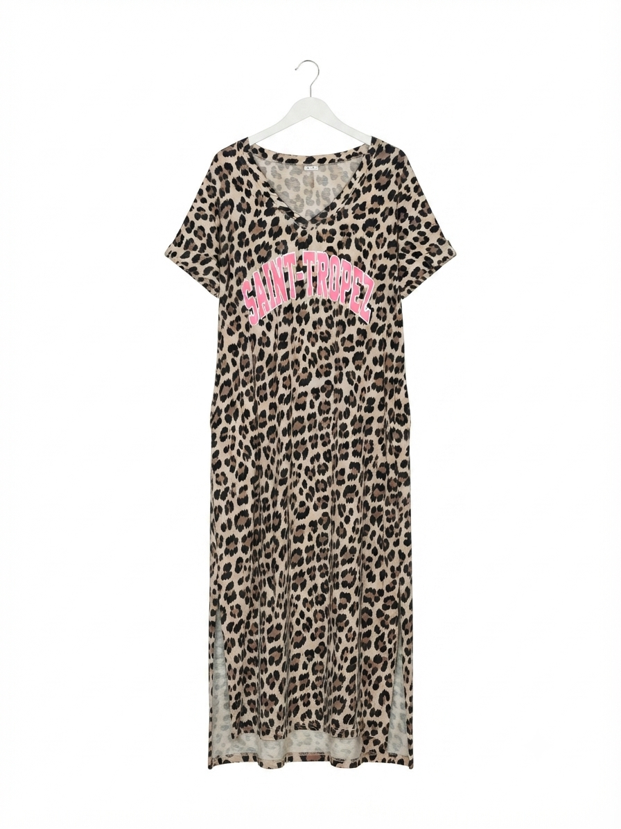 Robe longue léopard Saint-Tropez en coton stretch avec poches – Taille Unique – LyaMode