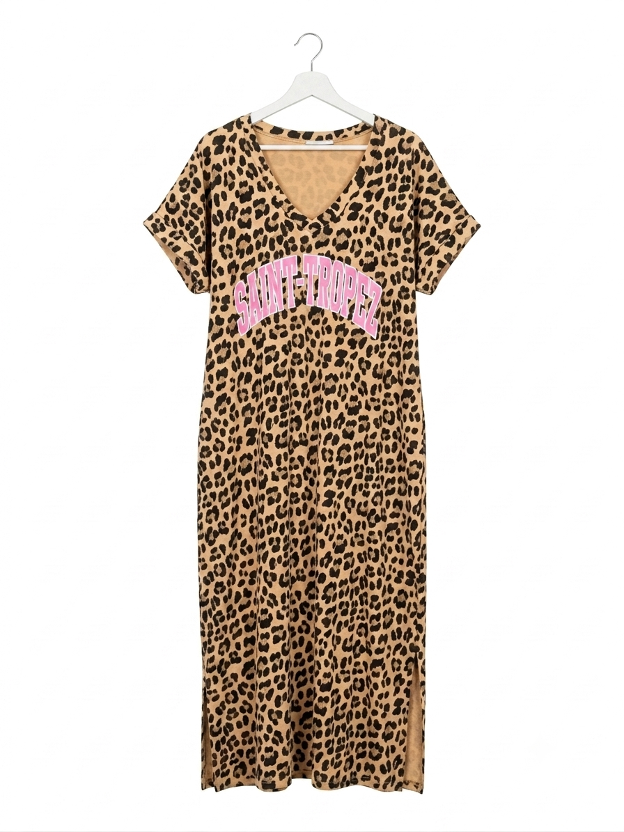 Robe longue léopard Saint-Tropez en coton stretch avec poches – Taille Unique – LyaMode