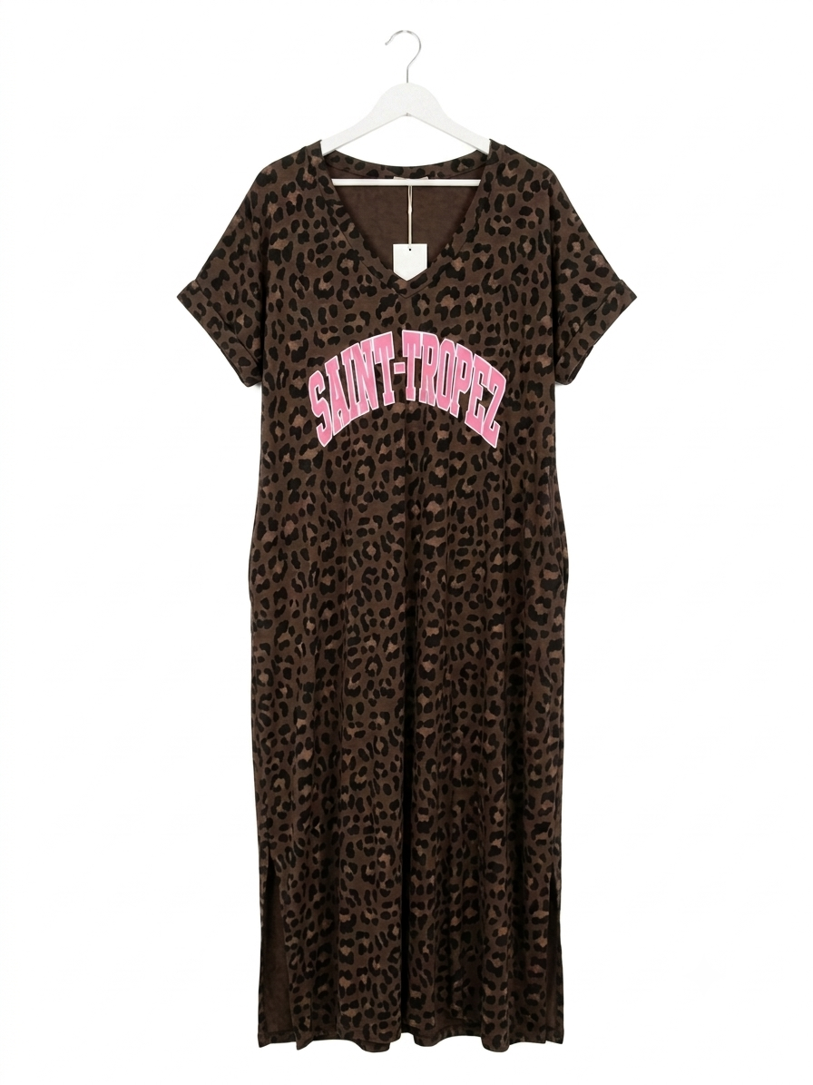 Robe longue léopard Saint-Tropez en coton stretch avec poches – Taille Unique – LyaMode