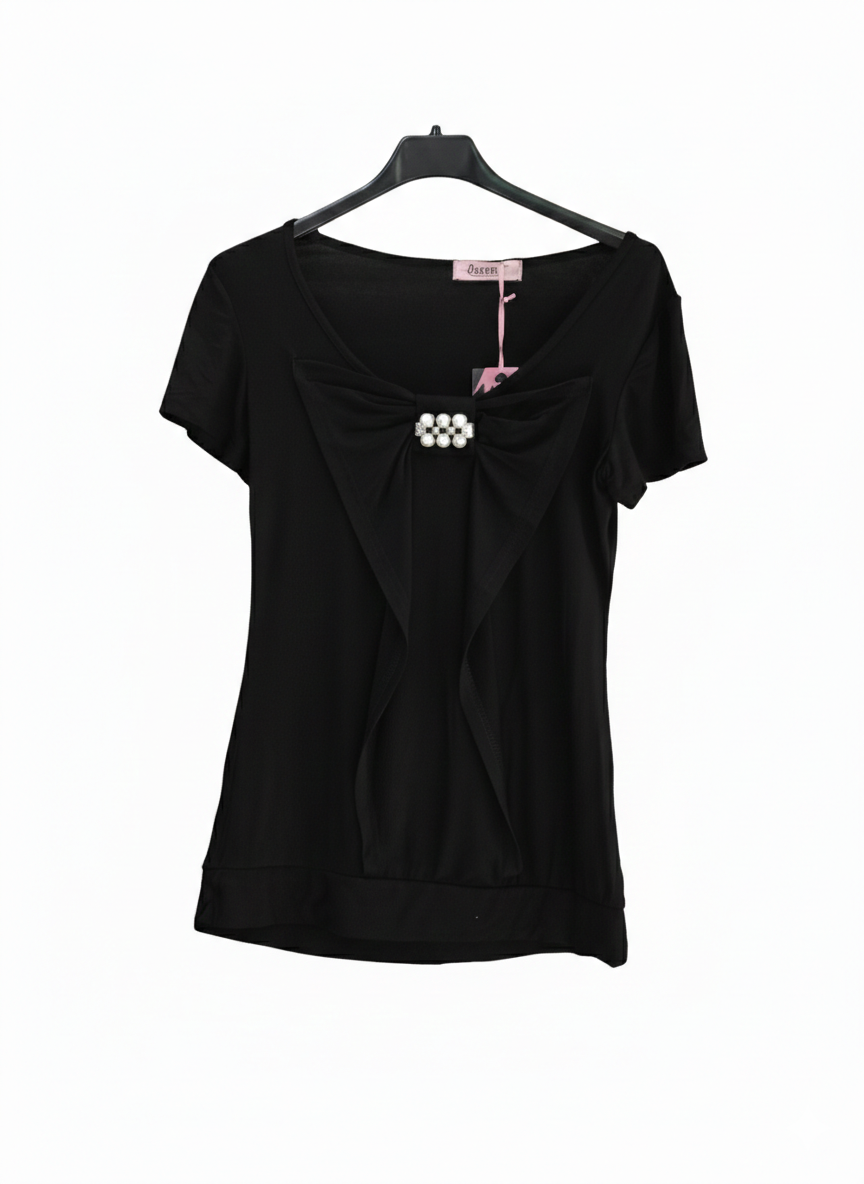 T-shirt Femme Nœud Drapé Broche Perles Fluide Confortable Taille Unique Tee-shirt Nœud Précieux LyaMode