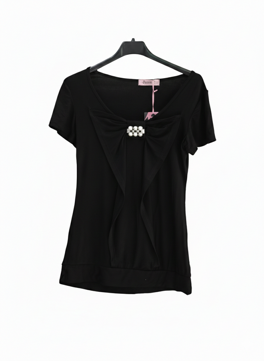 T-shirt Femme Nœud Drapé Broche Perles Fluide Confortable Taille Unique Tee-shirt Nœud Précieux LyaMode