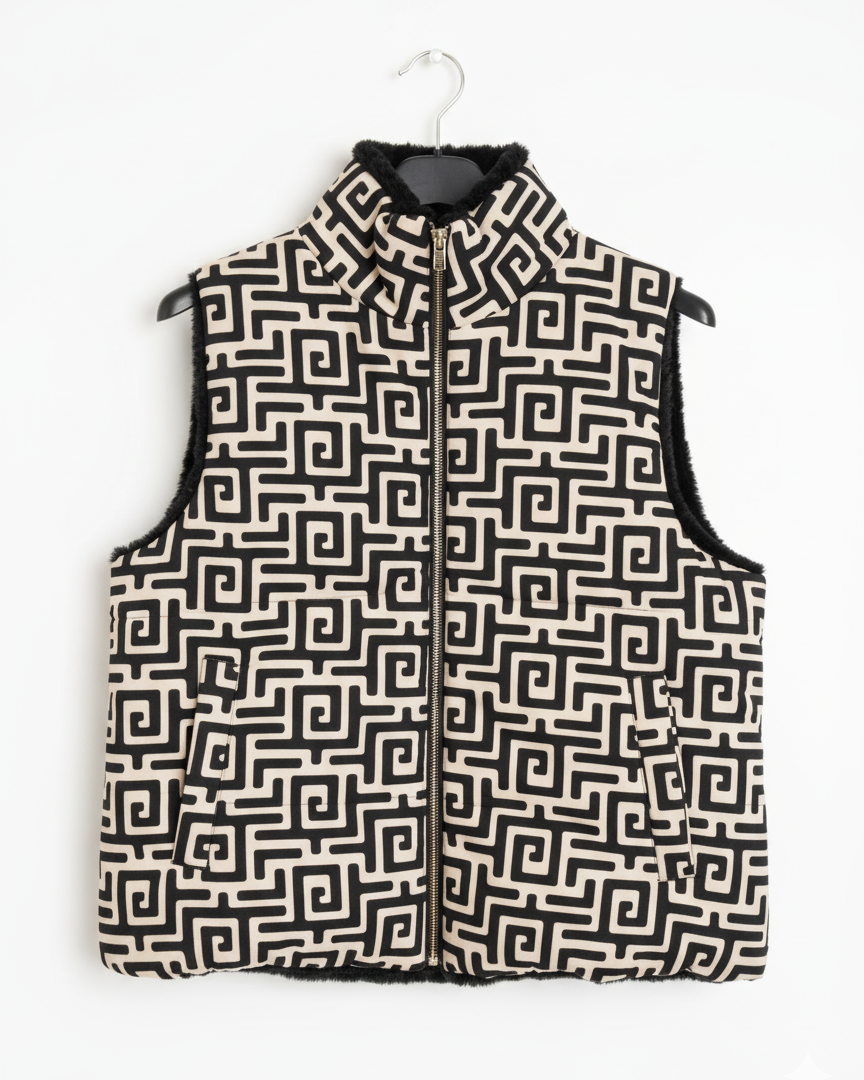 Doudoune sans manches réversible femme GraphiFur – gilet matelassé imprimé géométrique & fausse fourrure ultra douce coupe confortable taille unique | LyaMode