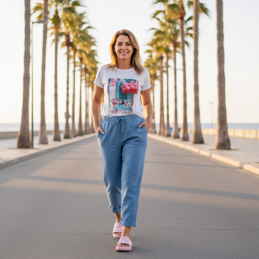 Pantalon Femme Coton Lin Taille Élastique Poches Coupe Confort Été L’Été en Douceur LyaMode