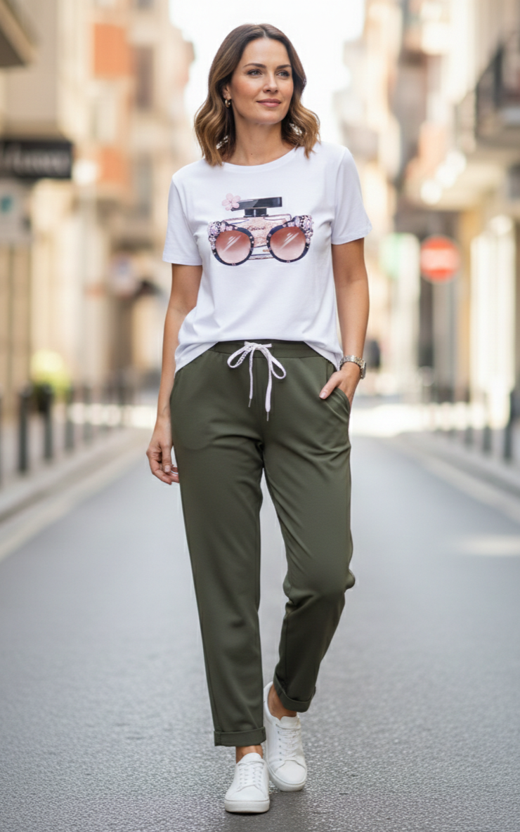 Pantalon Femme Taille Élastique Coton Stretch Coupe Confort Revers Bas Esprit Souple LyaMode