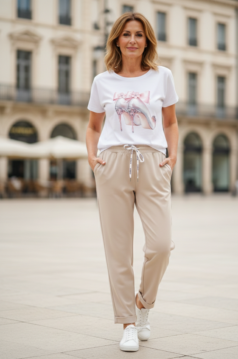 Pantalon Femme Taille Élastique Coton Stretch Coupe Confort Revers Bas Esprit Souple LyaMode