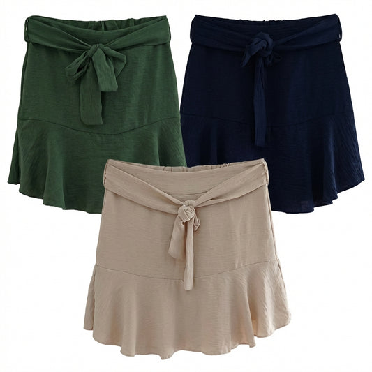 Jupe-short femme fluide à volants 100% viscose taille nouée coupe bohème chic confortable été taille unique jusqu’au 40 | LyaMode